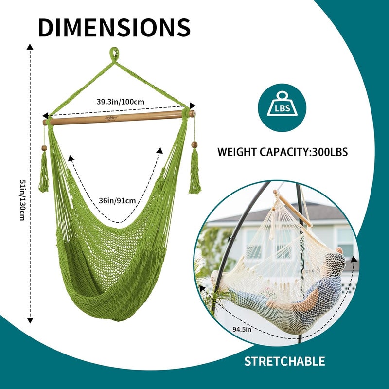 JoyView Hammock Chair with Spreader Bar Caribbean Hammock Swing Chair 300 LBS Weight Capacity XL Rope Hanging Chair for Outdoor Indoor Garden Yard - Light Green - Image 2